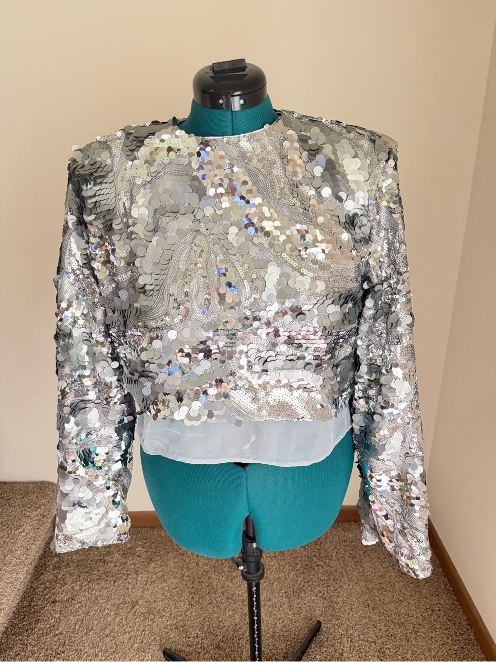 Sabina Musayev Silver Sequin Long-Sleeve Crop Top